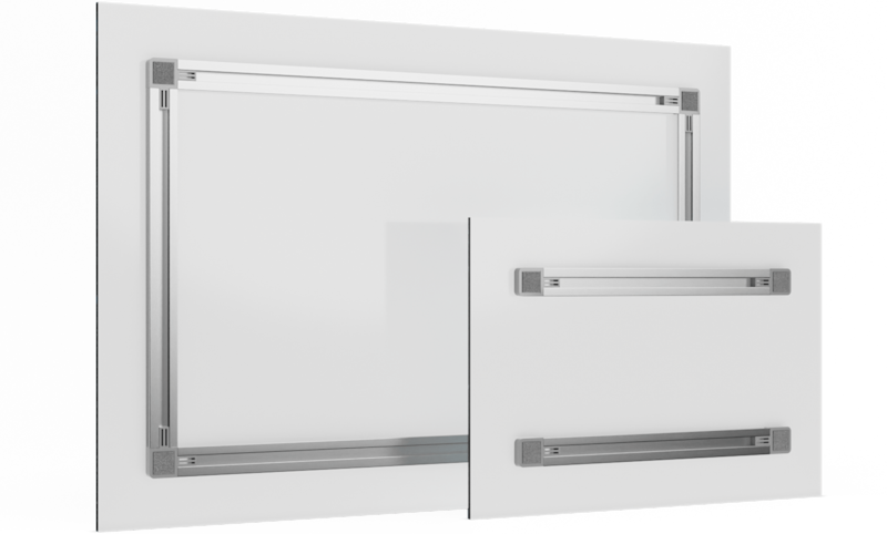 Aluminum rail system on the back of an acrylic glass print