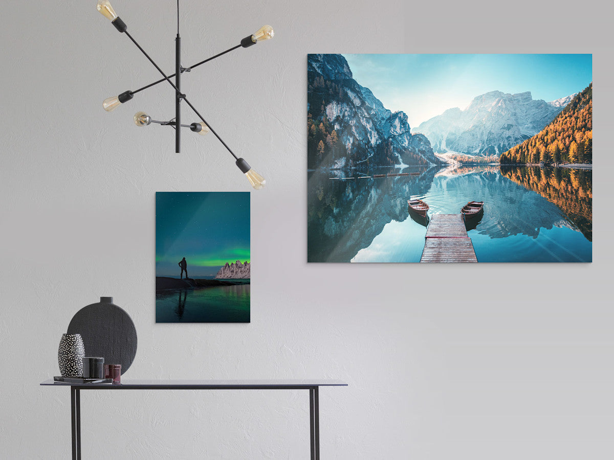 Acrylic glass print displayed on wall in room setting